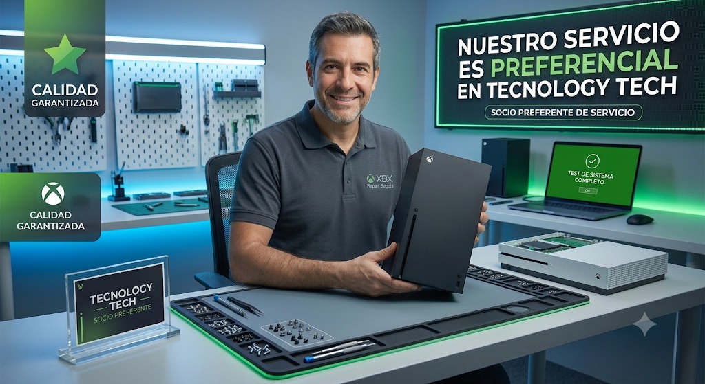 Técnico especializado realizando reparación preferencial de consolas Xbox Series X y Xbox One en el laboratorio de Tecnology Tech en Bogotá.